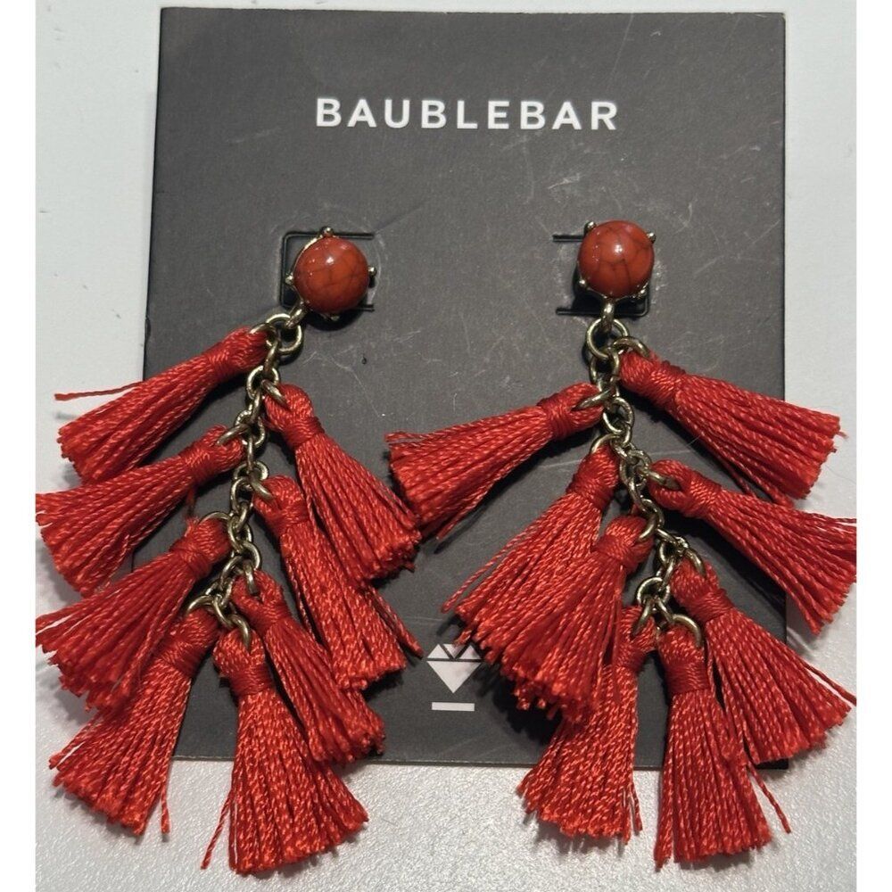 Baublebar Red Multi Tasseled Dangle Drop Earrings Pierced Ears